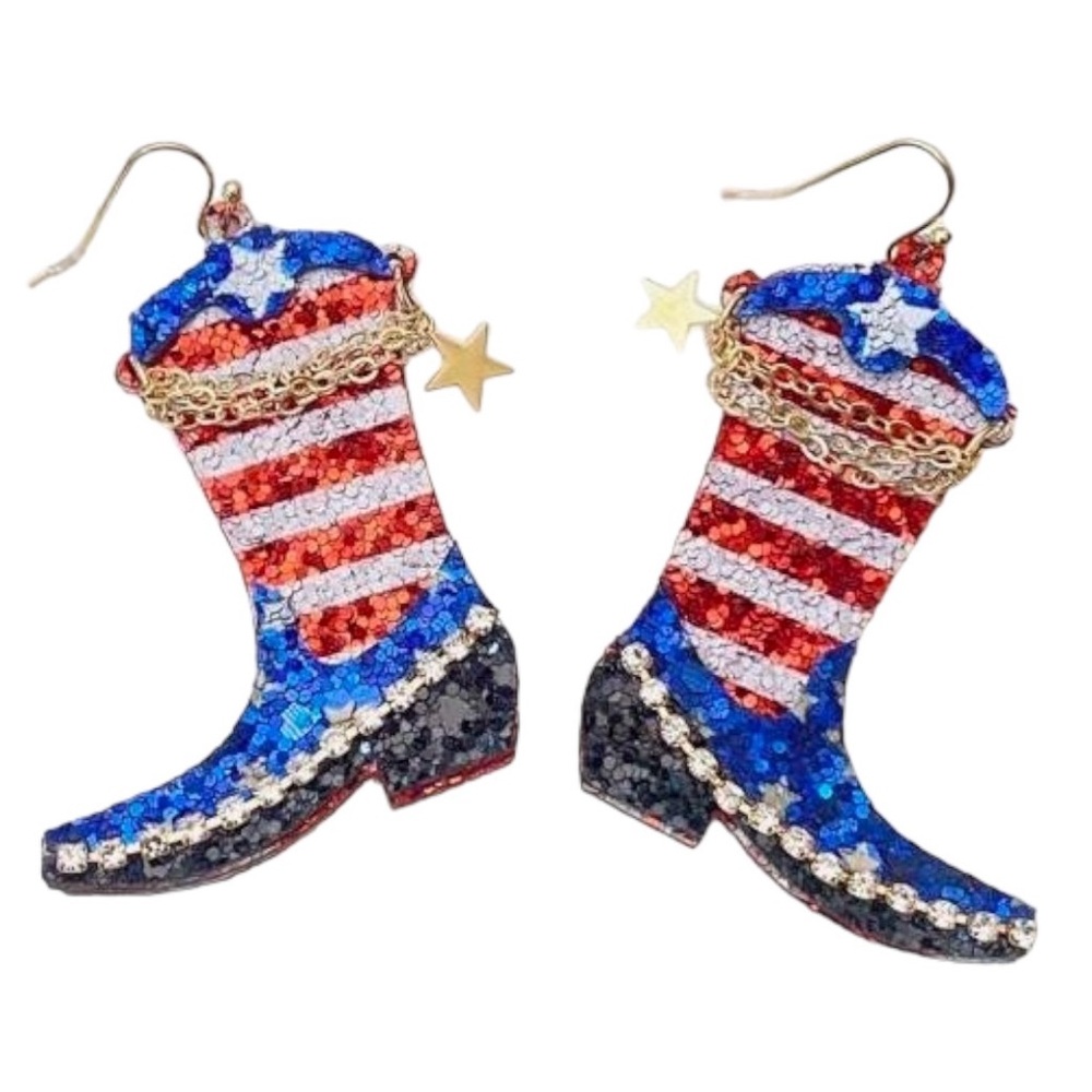 *3 for $30!* American USA Flag 4th July Glittered Western Boots Dangle Earrings